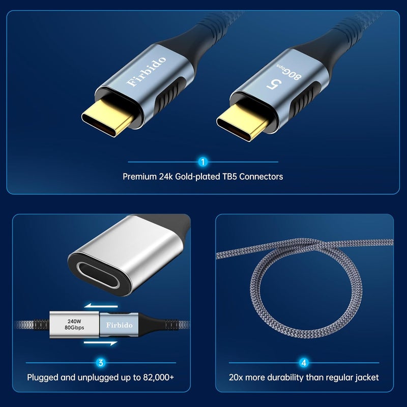 Firbido كابل Thunderbolt 5 بطول 3.3 قدم، سرعة عالية 80Gbps، عرض نطاق 120Gbps، PD 240W، 16K@60Hz، 8K@165Hz، 4K@540Hz لكابل Thunderbolt 4، آيفون 17، Razer Blade، SSD، USB4، Mac mini M4 - Image 3